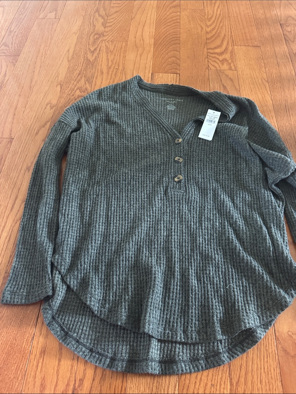 American Eagle Outfitters Waffle Knit Henley - Gray Green